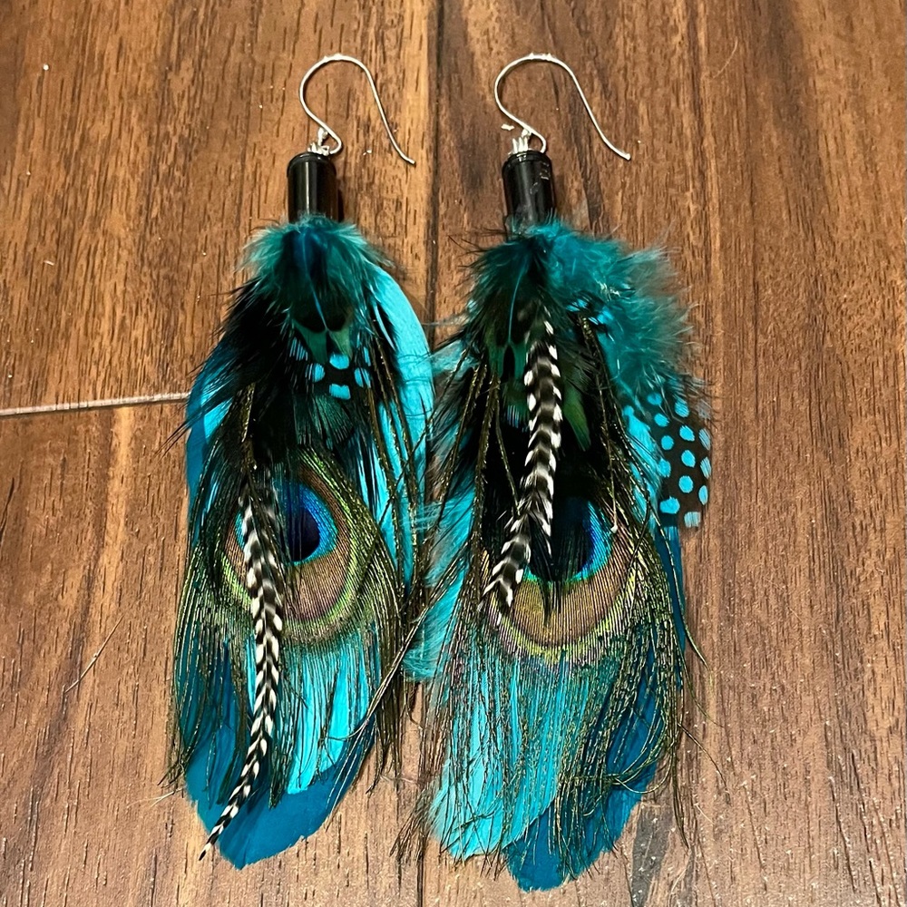 Hand Crafted Teal and Black Peacock Feather Earrings